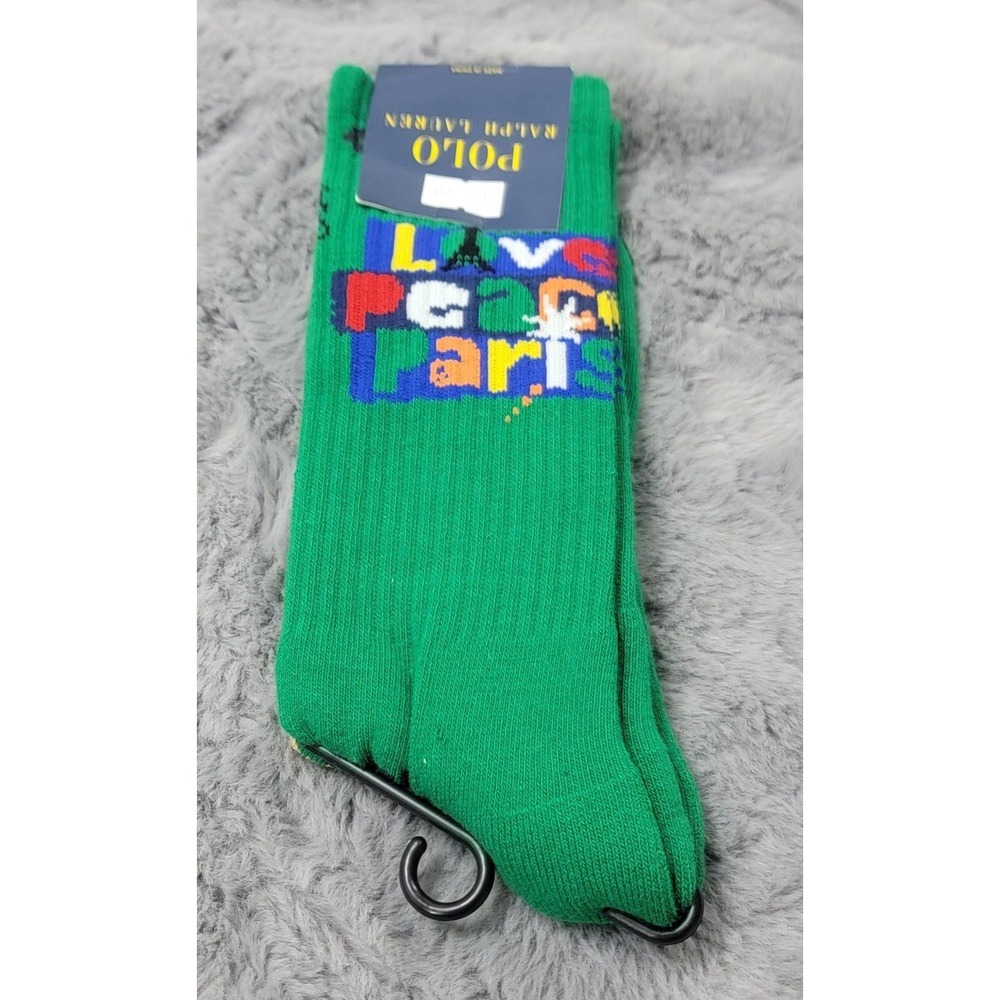 Polo Ralph Lauren Socks Mens 10-13 Green Love Peace Paris France '24 Mid Calf